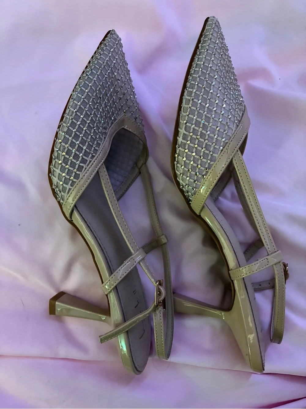 Nicole Miller Beige Crystal-Embellished Pointed Slingback Flats